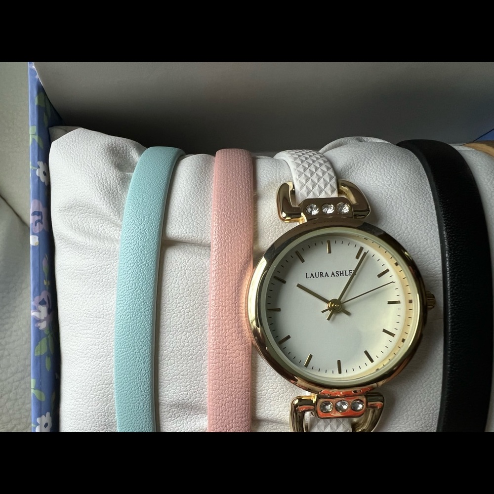 Laura Ashley gold T-Bar slide through interchangeable stone Lugs set watch - Picture 3 of 5